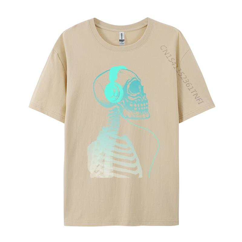 Skeleton Listening To Music With Headphones On His Skull T Shirt Black Vintage T-Shirt Pure Cotton Unique Camisas Hombre