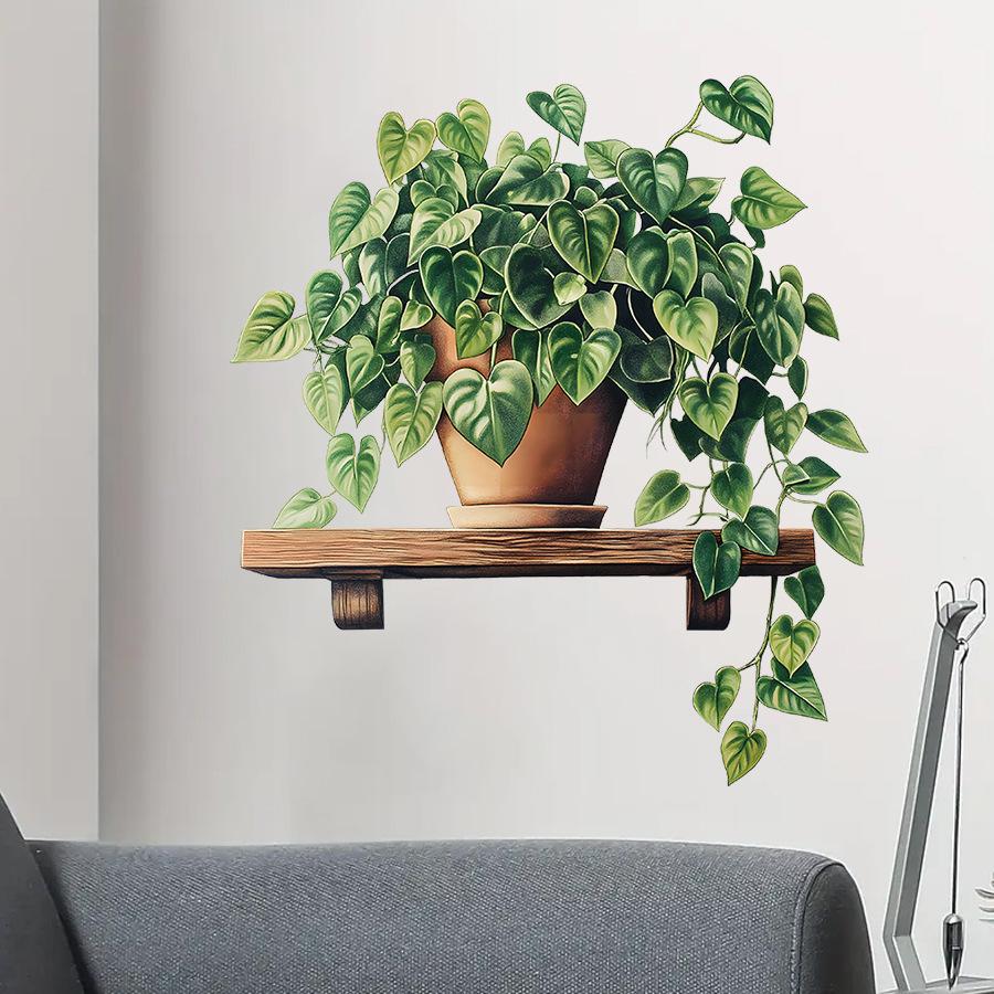 Künstliche Efeutute Grüne Pflanze Blume Topfpflanze Wandaufkleber, Selbstklebend Frische Heimdekor Aufkleber für Wohnzimmer Schlafzimmer Dekoration