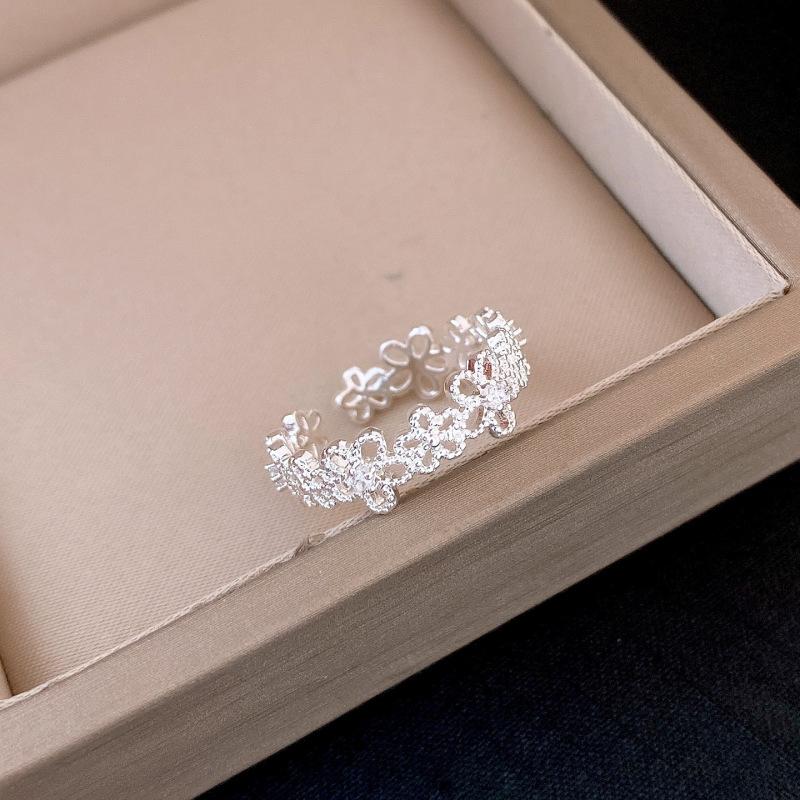 Light Luxury Zircon Bow Flower Pearl Opening Ring Women's Fashion Simple Index Finger Ring Niche High-end Ring
