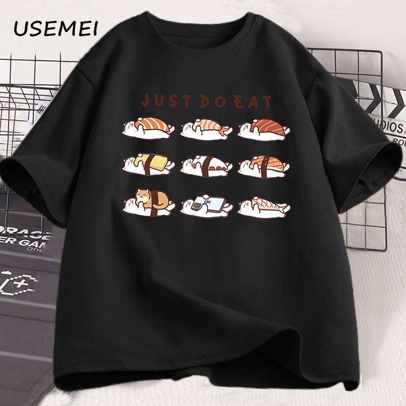Vtipná kočičí sushi grafická trička Roztomilé kreslené bavlněné potištěné tričko Volné unisex kulatý výstřih Pánské oblečení Oversized Streetwear