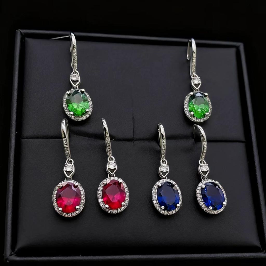 Fashion Jewelry Earrings Imitation 8 * 10 Coconut Round Ruby Sapphire Long Earrings Pigeon Egg High Carbon Diamond Earrings