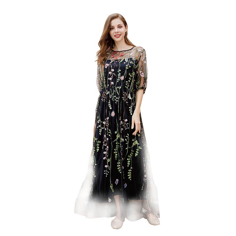 Hepburn Style Plus Size Evening Gown: Women's Mesh Embroidery Banquet Party Dress