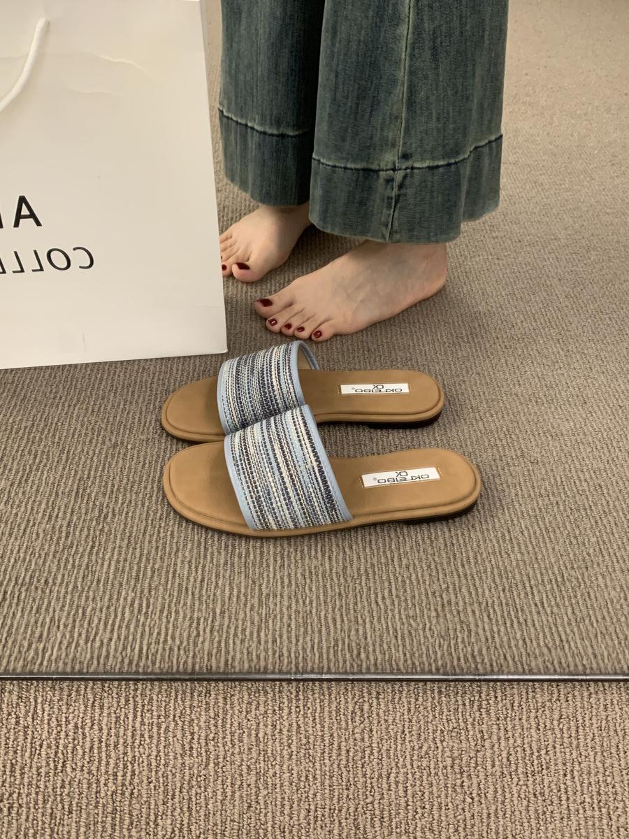 

Ethnic style woven word with flat bottom slippers women s summer wear 2025 new bohemian casual beach sandals 40 синий
