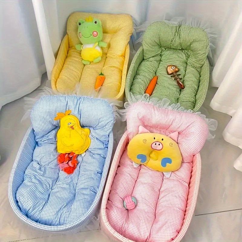 Four-season cat sofa bed with ruffle design, soft and anti-hairball. Fits cats and small dogs, multiple colors available.