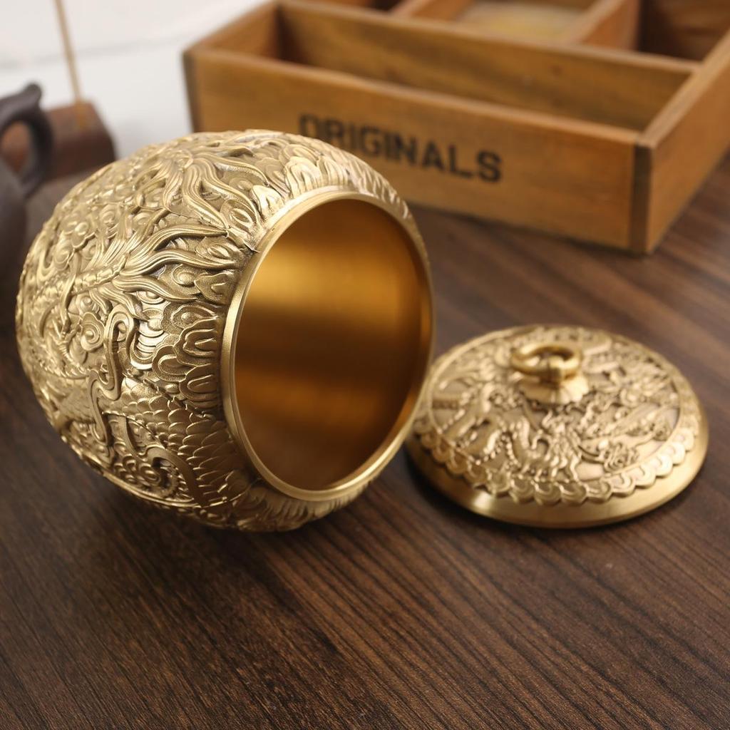Double Dragon Copper Tea Canister Ornament - Pure Copper Storage Jar for Office/Desktop Decor
