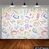 Playful School Supplies Tapestry, Colorful Hand-Drawn Doodles of Books, Pencils and Globes on a White Brick Wall, Cheerful Classroom Wall Art