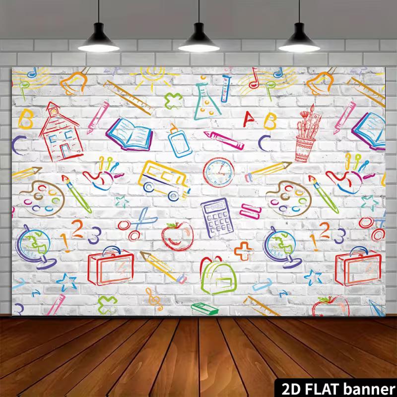 Playful School Supplies Tapestry, Colorful Hand-Drawn Doodles of Books, Pencils and Globes on a White Brick Wall, Cheerful Classroom Wall Art