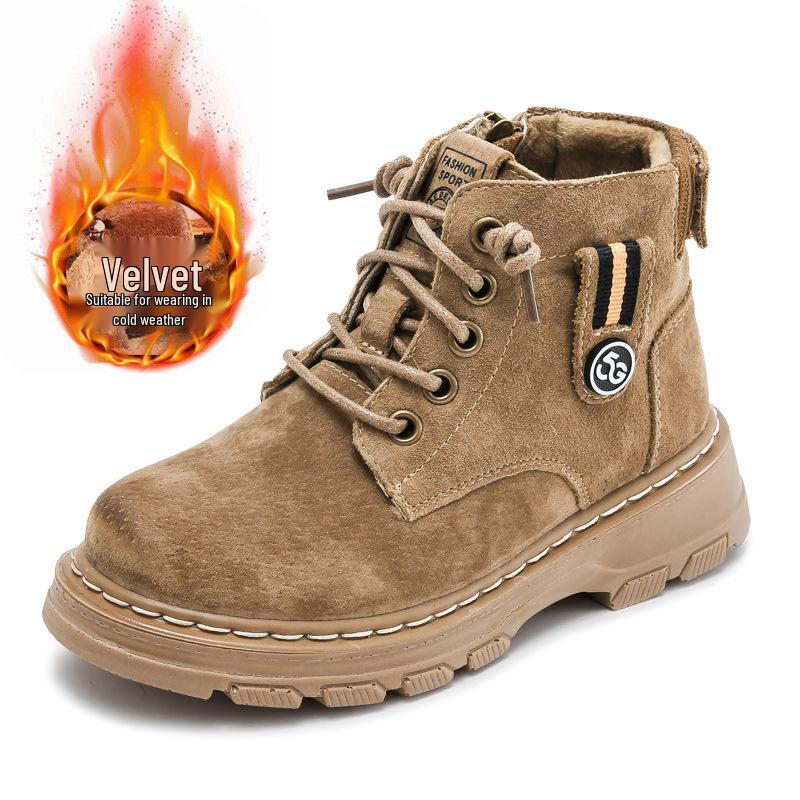 Children's Black Martin Boots - Boys' 2025 Autumn & Winter Non-slip Velvet Hiking Boots