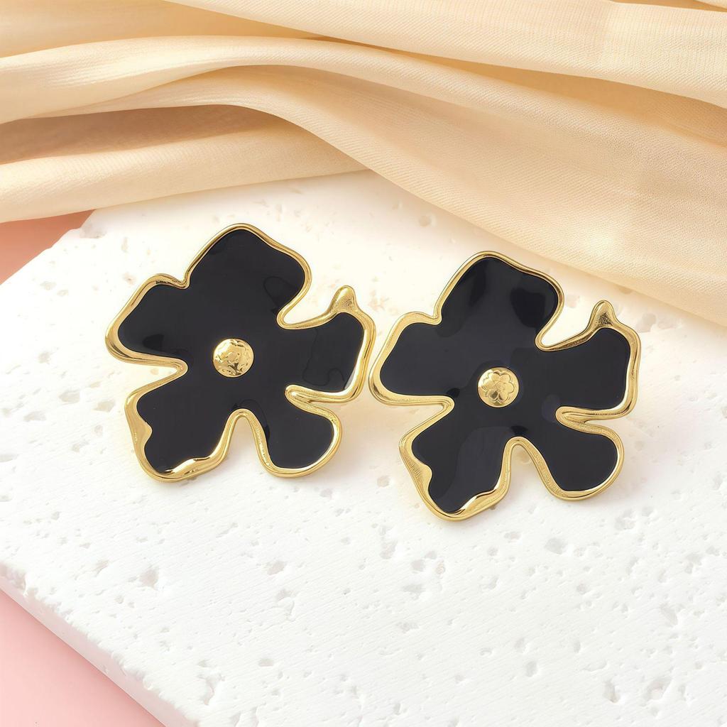 Luxury Titanium Steel Flower Stud Earrings with Enamel and Irregular Petals