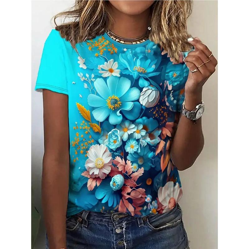 Sommar Dam T-shirt Casual Kortärmad Blommigt Tryck T-shirt Mode Street Lös O-ringad Pullover Kläder Kvinna Överdimensionerad