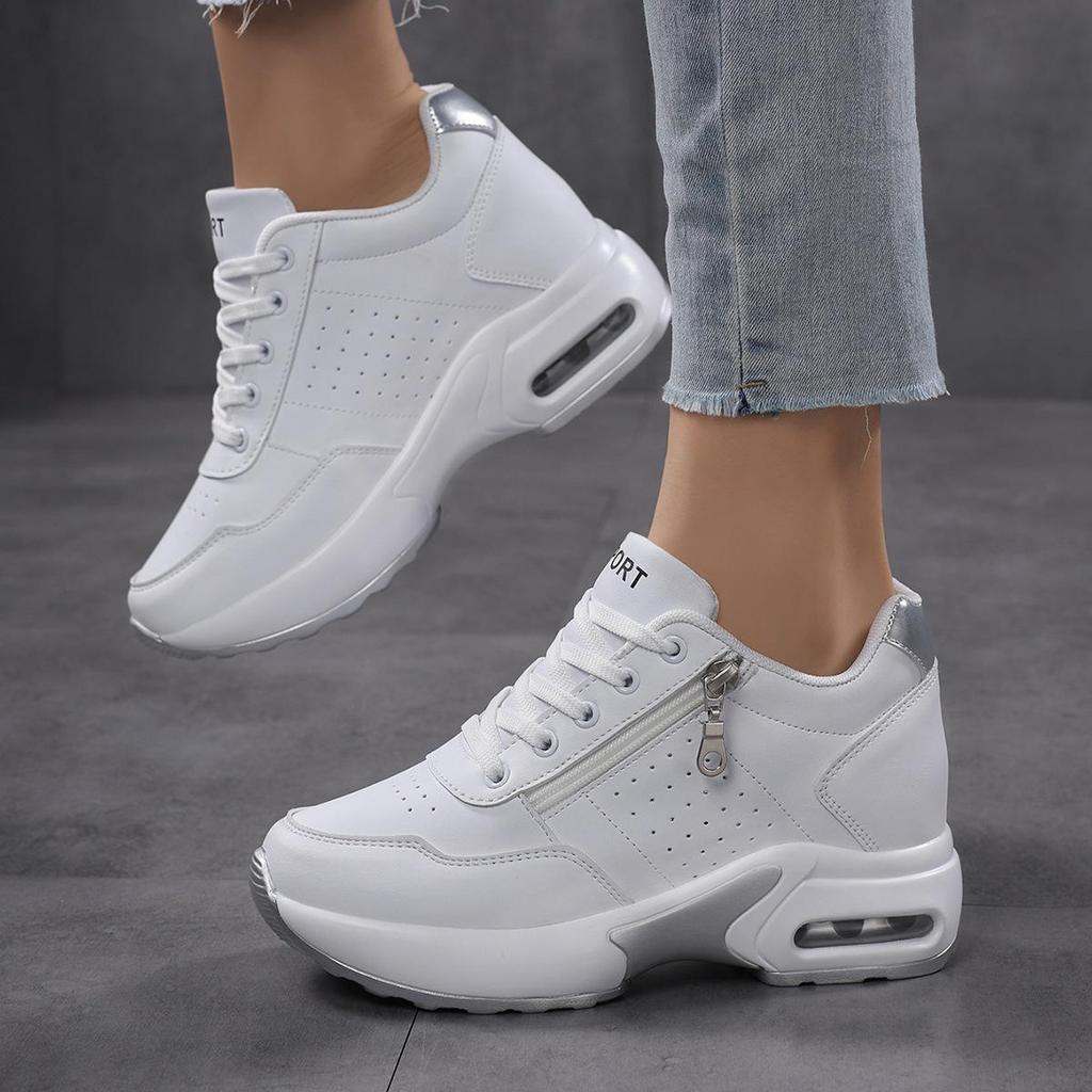 Damen Höhenverstärkende Atmungsaktive Sneaker - Dicksohlig, Sportlich, Lässig, Bequem, Petite-Passform, Vielseitige Weiße Schuhe