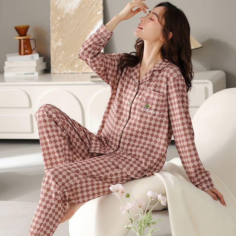 Pure cotton women's pajamas, long-sleeved trousers, cardigan, loose large-size loungewear, women's spring and autumn models can be worn out.