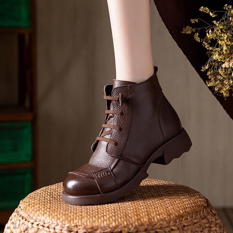 Johnature Genuine Leather Warm Round Toe Soft Soled Short Boots Low Heel Non Slip Casual Women's Shoes