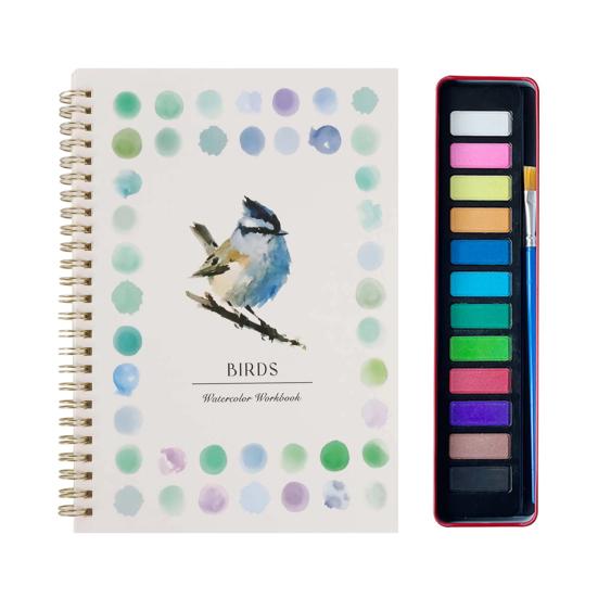 

Coloring Picture Book with 12 Paint Colors Thickened Pages Animal Flower Illustrations Watercolor Painting Kit