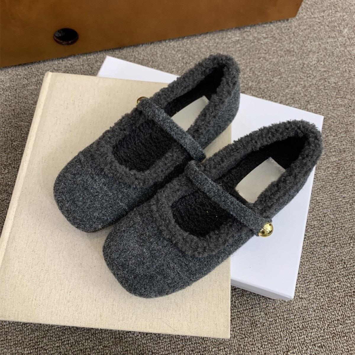 Gray Mary Jane fluffy shoes women wear in winter Korean version of gentle ballet fairy style soft flat-bottomed velvet cotton shoes 35