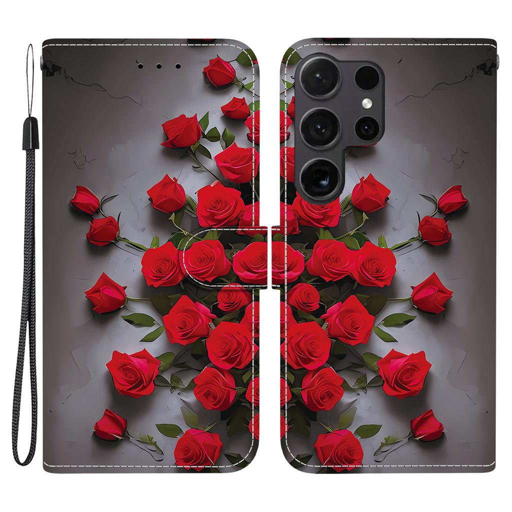 For Samsung Galaxy S26 Ultra Leather Case Stand Wallet Pattern Printing Phone Cover with Wrist Strap