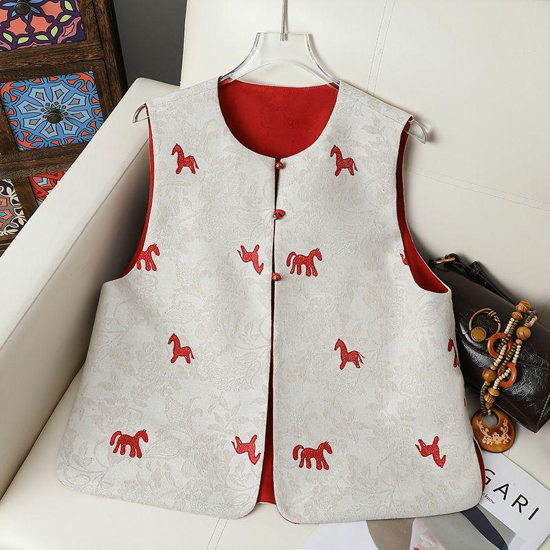

2026 Spring Chinese Embroidery Horse Year Women s Reversible Vest - Traditional Style for Middle-Aged & Elderly M - 90-105 lbs