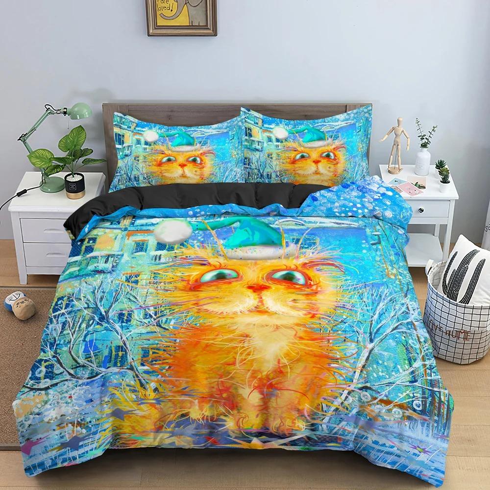 Watercolor Cartoon Cat Bedding Set Boys Girls Twin Queen Size Duvet Cover Pillowcase Bed Kids Adult Home Textileextile