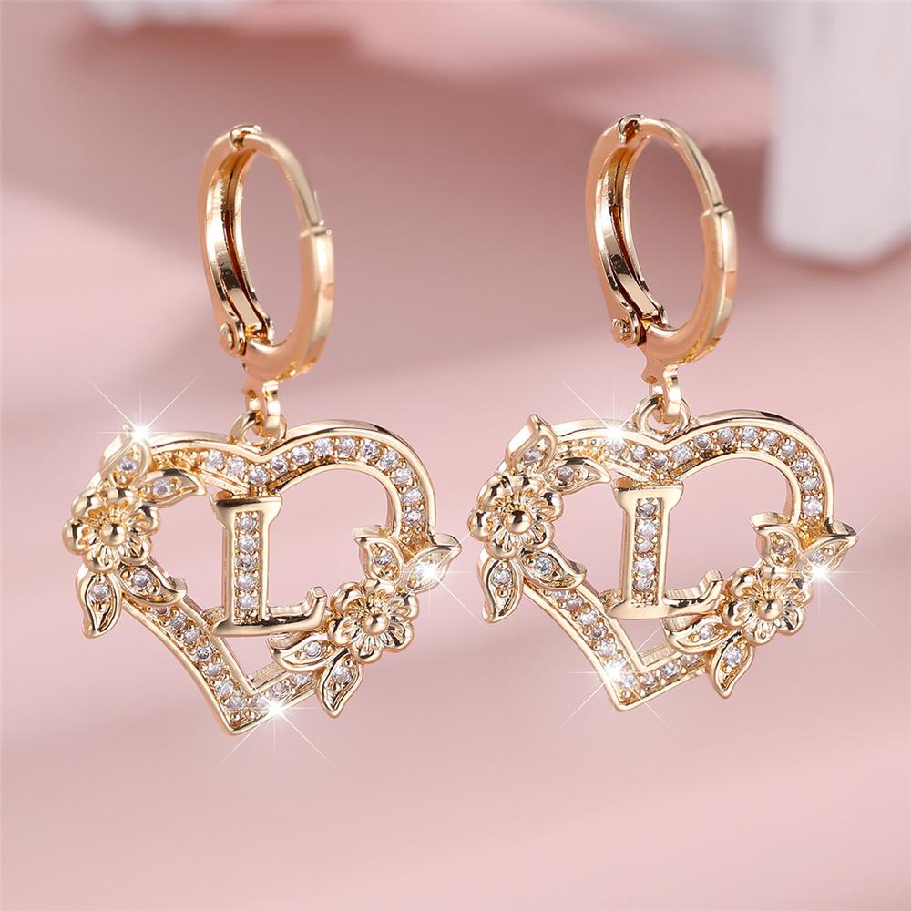 Vintage Hollow Love Heart Flower A-Z 26 Letters Hoop Earrings Yellow Gold Color White Zircon Earring Wedding Jewelry For Women