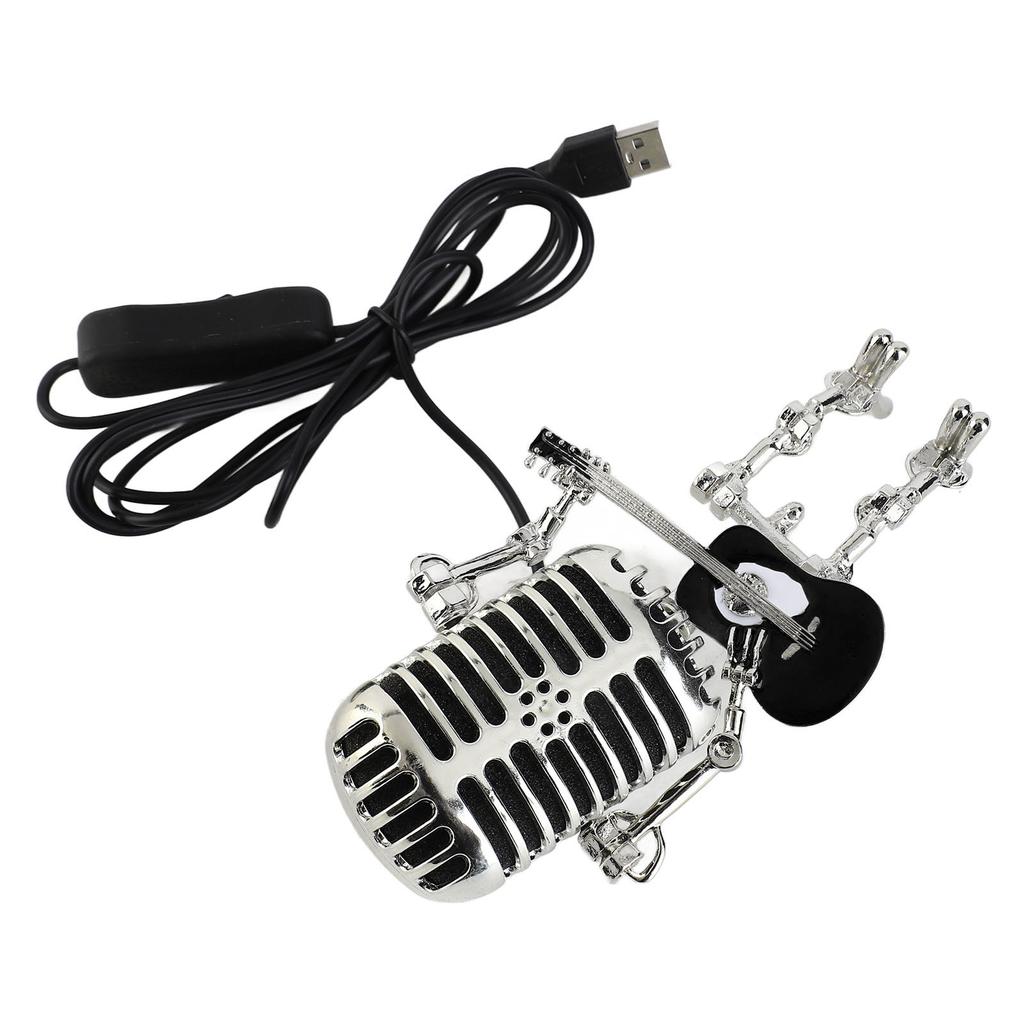 Vintage Microphone Guitar Robot Table Lamp USB Aluminum Metal Retro Microphone Robot Night Light
