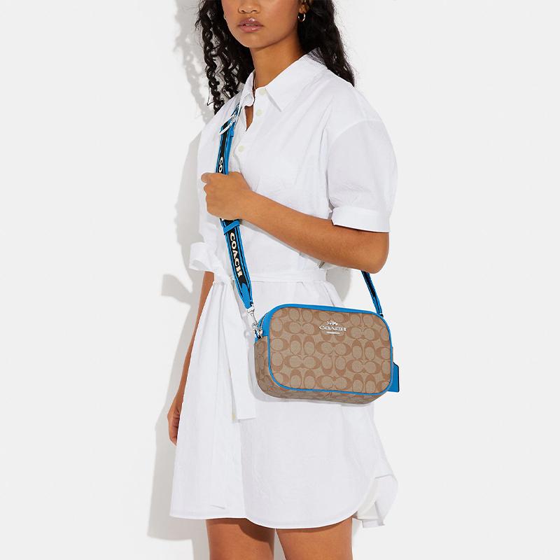 Coach Jamie 24 Silver Letter Logo Classic Monogram Zip Closure Canvas And Leather Crossbody Bag Women crossbody bag Brown Blue CJ582-SVVS2