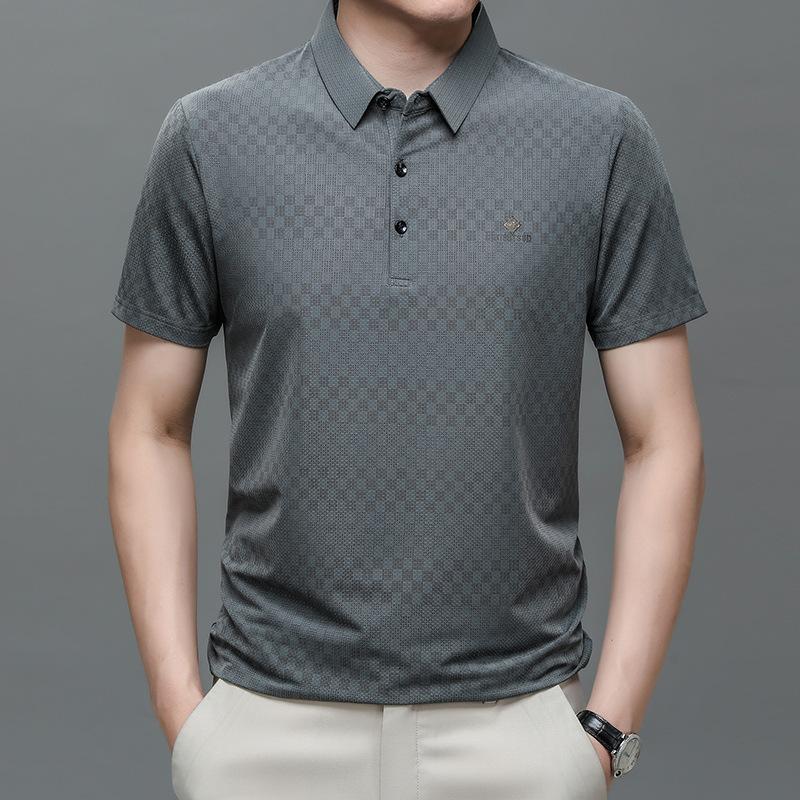 Ice Silk Polo Shirt Men'S Short-Sleeved Thin Summer Dress Business Men'S Loose Lapel Plaid Jacquard Half-Sleeved Top T-Shirt