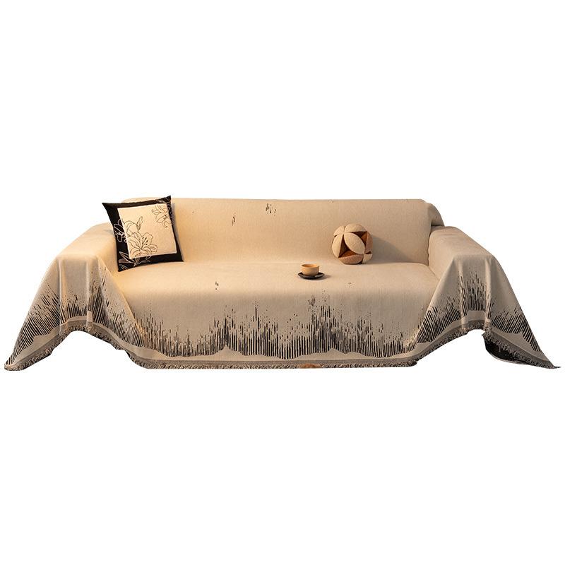 Vintage Chenille Sofa Throw Cover, Reversible Elegant Beige & White Pattern, Tassels Detail, Fits Armchairs To 4-Seater Sofas Couch Covers Reversible