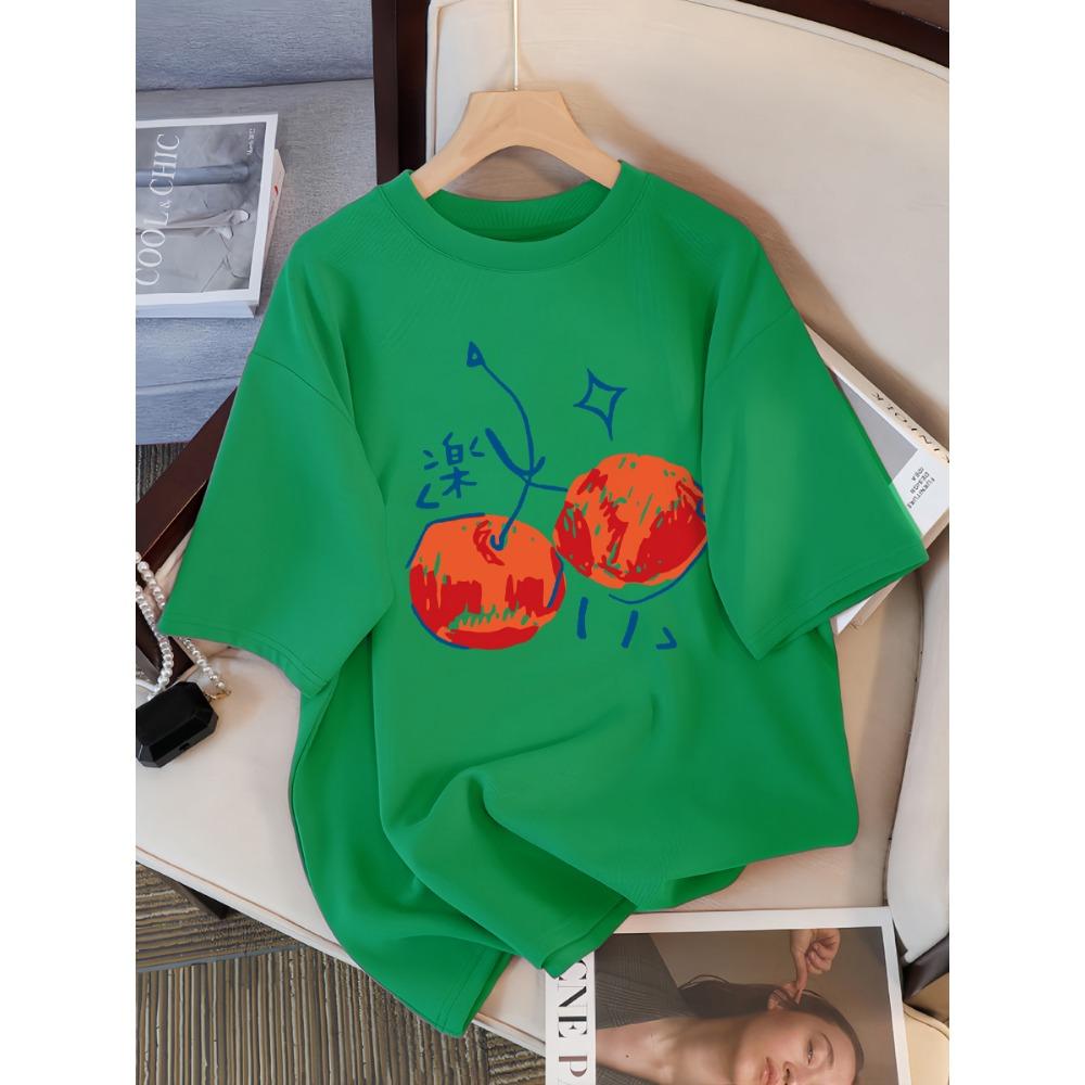 Cherry Pattern Printed Women's T-shirt Casual Sports Round Neck Short Sleeved Breathable Summer T-shirt Street New Clothing