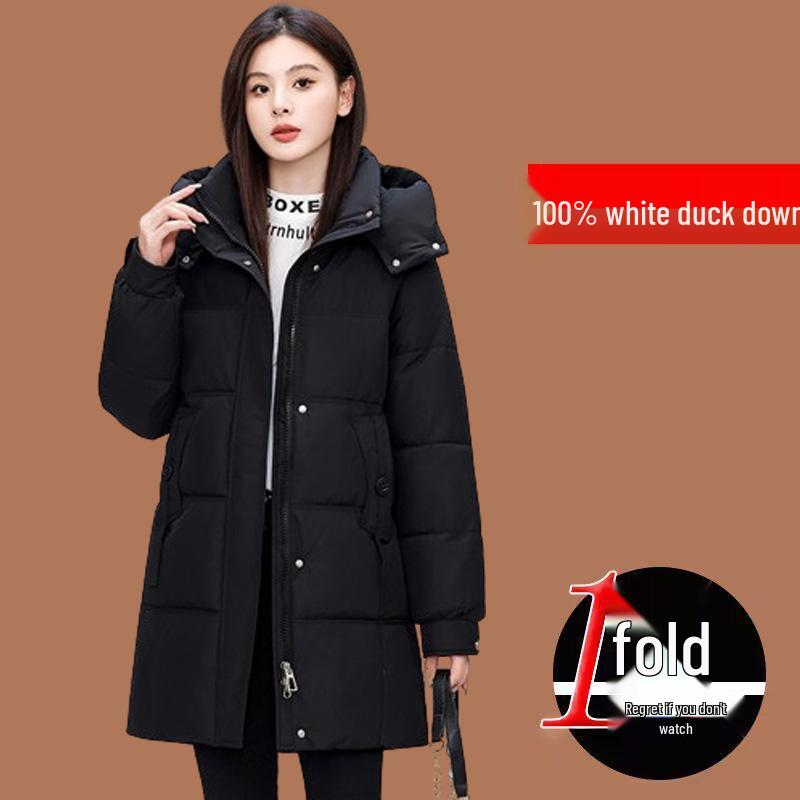 

Оригинальный женский пуховик средней длины со съемным капюшоном - 2024 Зимний трендовый, Утепленный, 90% белый утиный пух L 115–130 jin чёрный