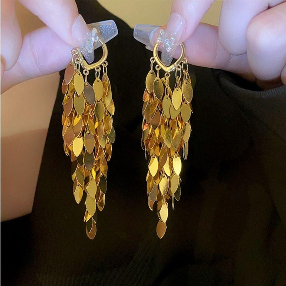 Bling Bling Long Tassel Dangle Earrings Korean Style Gold Earrings Metal Sequin Earrings Women