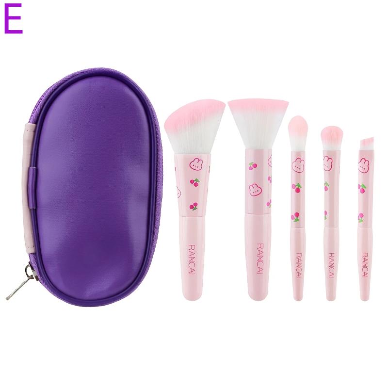 5pcs Cute Compact Makeup Brush Set With Case Premium Brush For Flawless Foundation, Blush, Eyeshadow Application Beauty Tools