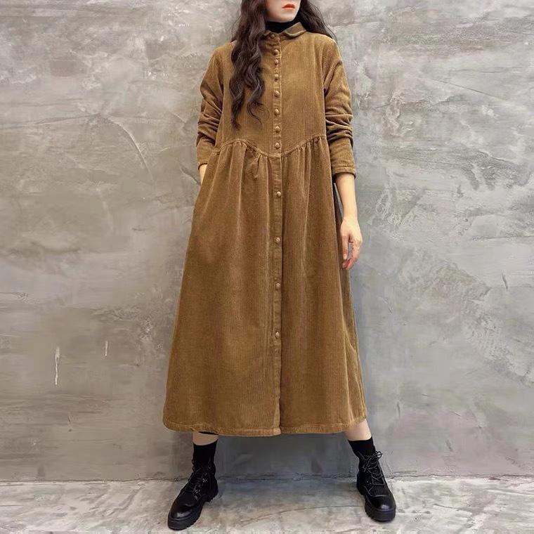 Women Fleece Lined Corduroy Trench Coat Vintage Loose Mid‑Long Long Sleeve Windbreaker Jacket For Autumn Winter