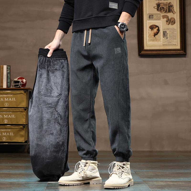 Autumn and Winter Men'S Elastic Drawstring Belt Casual Thickening Warm Pants, Fashionable Plush Lined Casual Pants