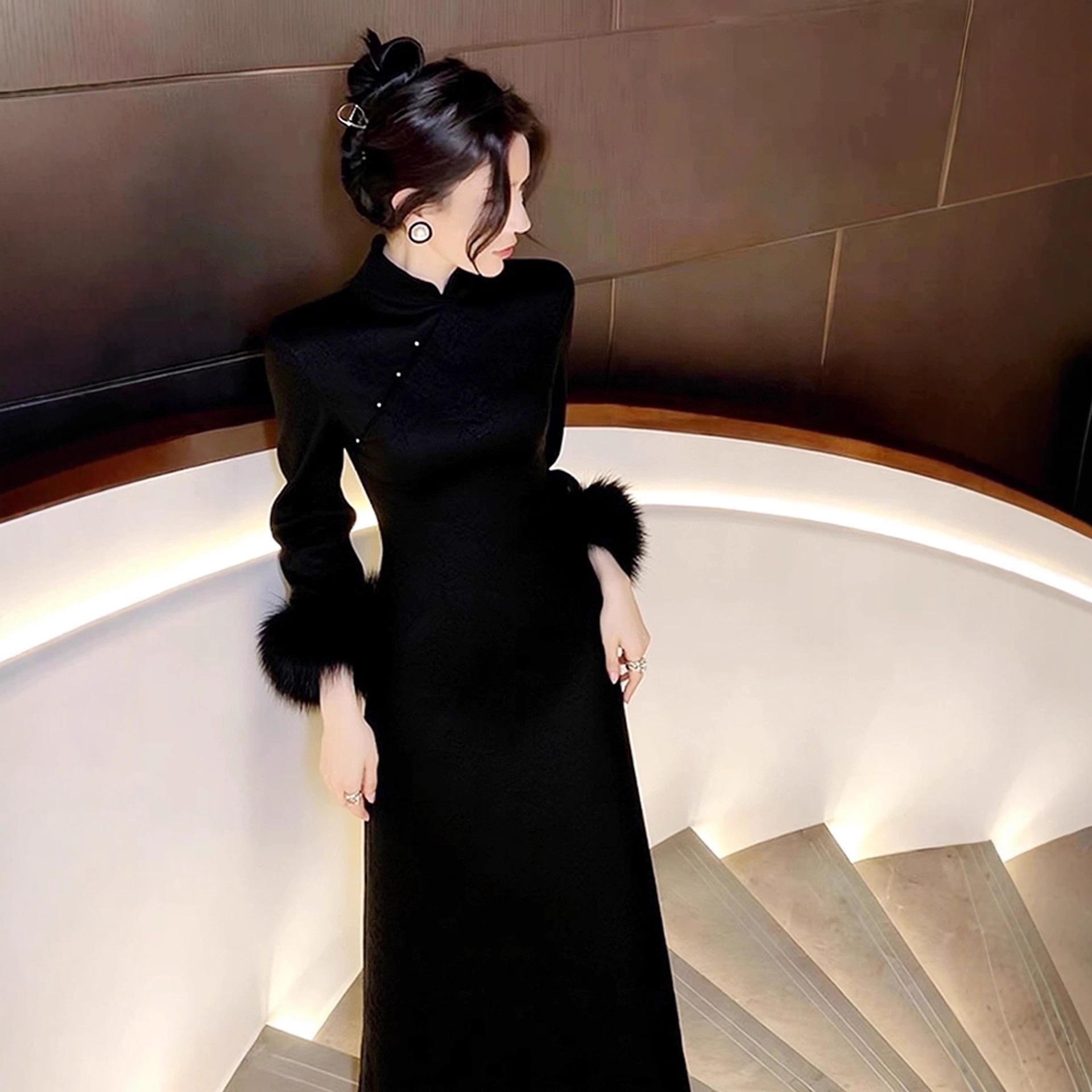 

New Elegant Black Chinese-Style Winter Dress 2025 - Perfect for Important Occasions with Coat, Slim Fit Long Skirt XL