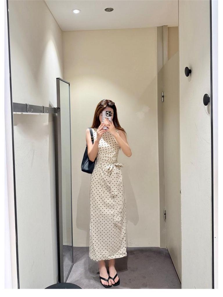 Women's French Polka Dot Slim Fit Sleeveless Midi Dress