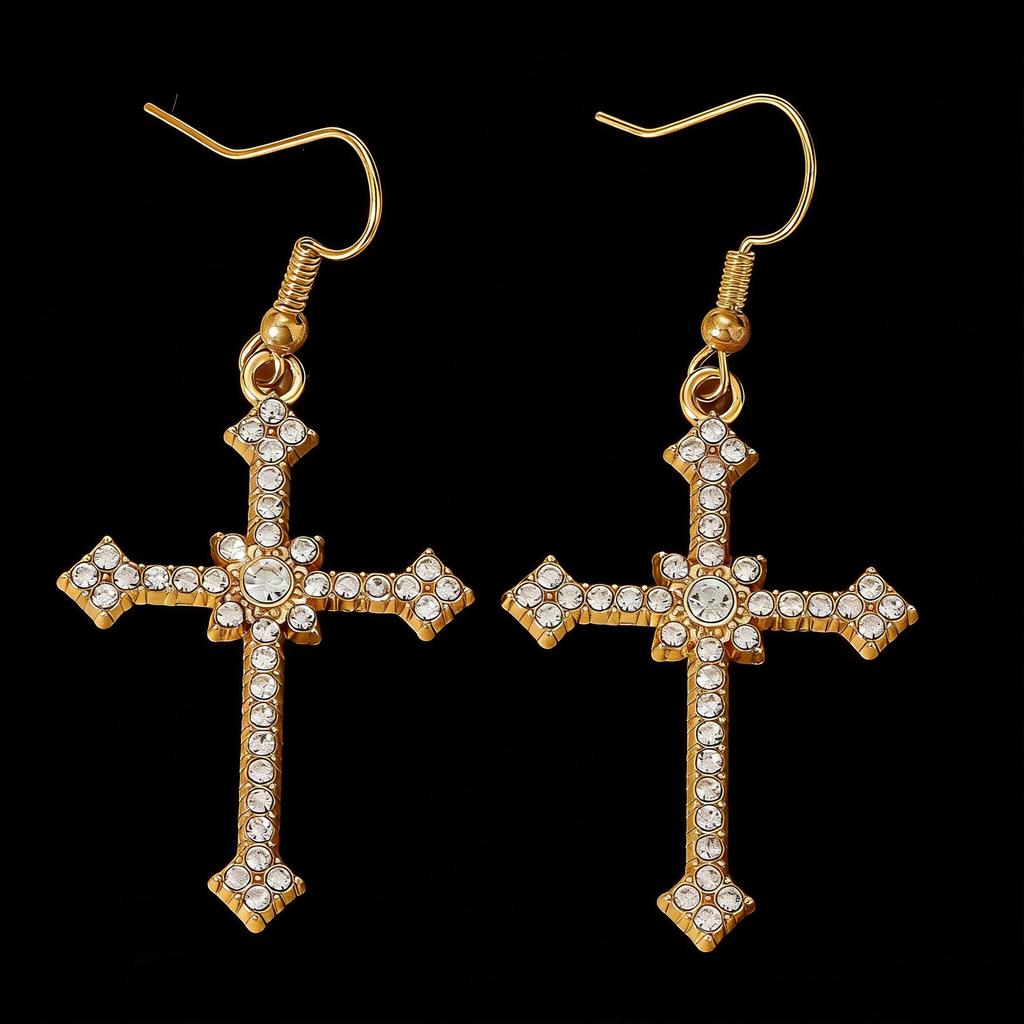 Gothic Rhinestone Cross Dangle Earrings for Women - European and American Style