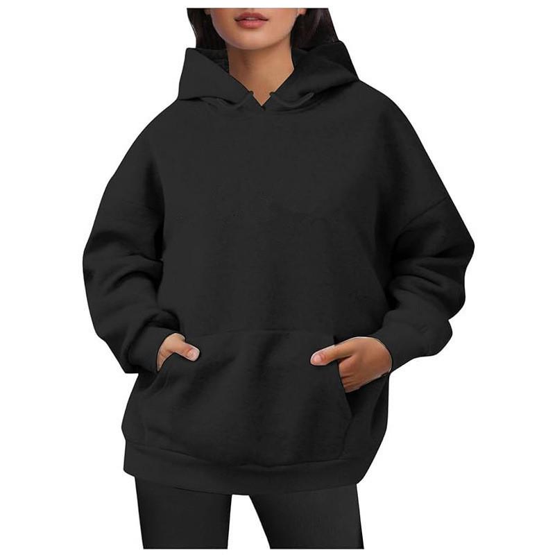 Women's European/American Style Casual Solid Color Plus Velvet Loose Hooded Sweatshirt for Autumn/Winter 2024