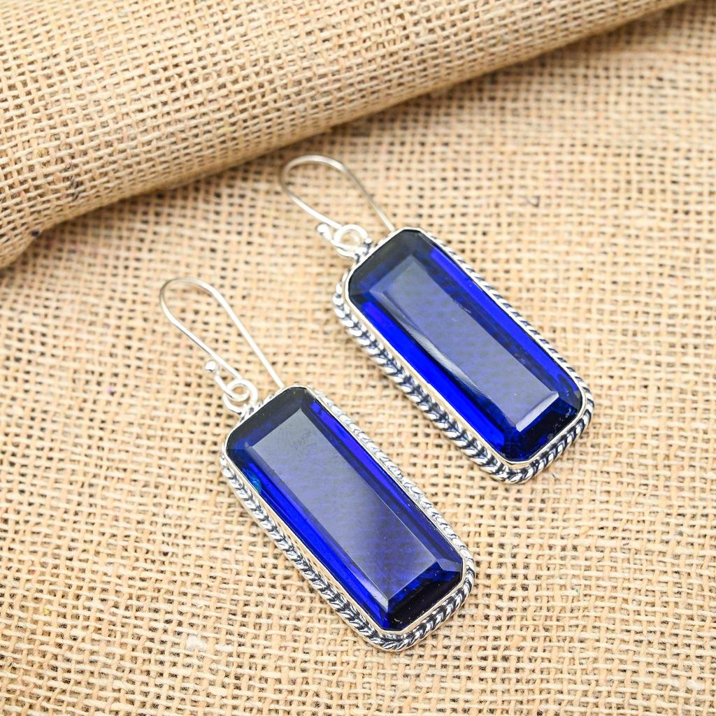 Blue Sapphire Lab-skapade ädelsten handgjorda 925 solid sterling silver smycken örhängen