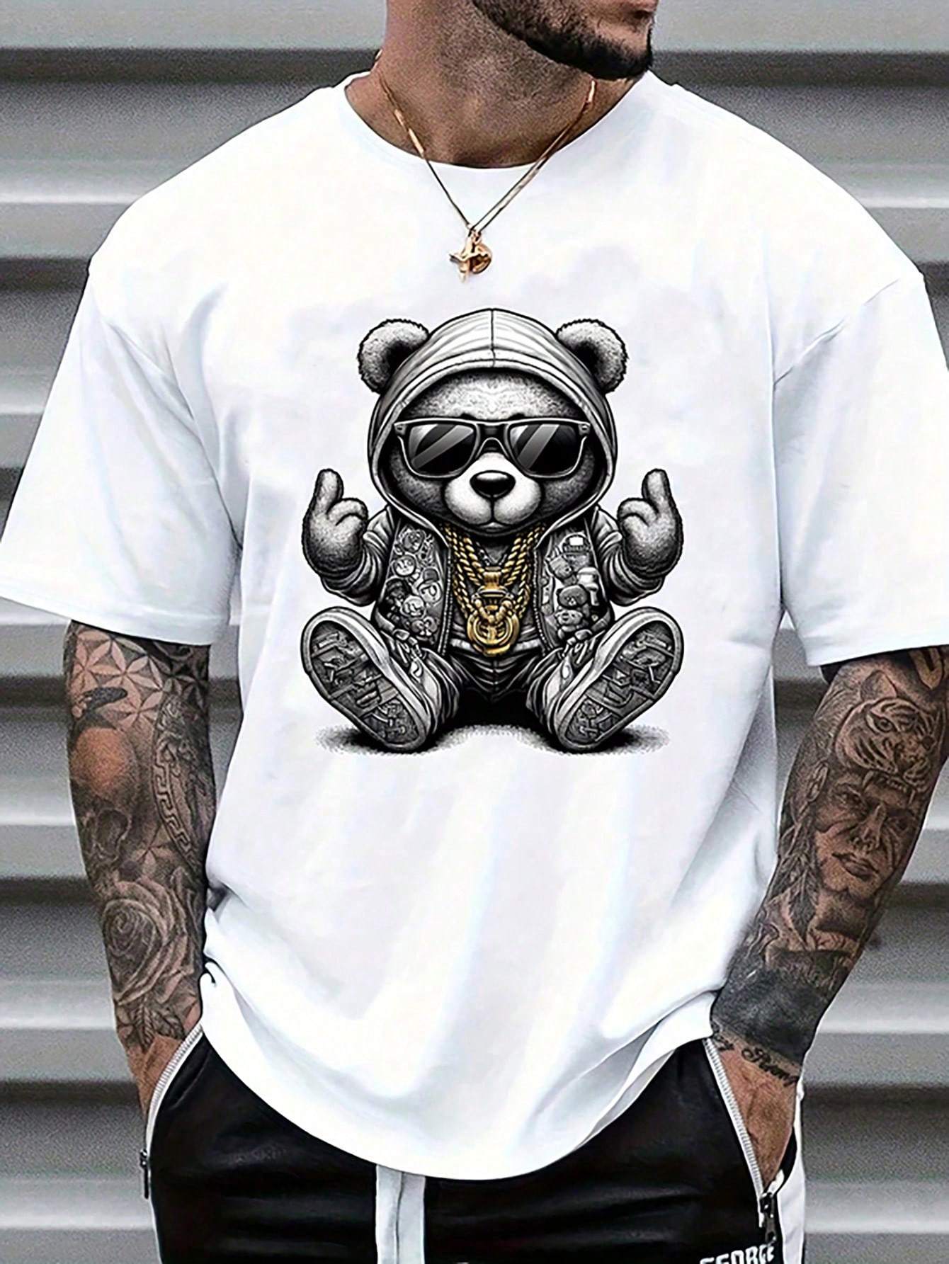 

Mens plussize pure cotton Tshirt casual shortsleeved roundneck cartoon bear print summer pattern Tshirt mens Tshirt 4XL