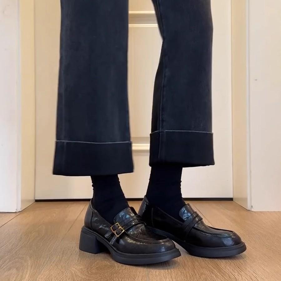 Spot Second Hair! British Style Small Leather Shoes Women's Double-breasted Buckle Belt Versatile One-pedal Thick Heel Single Shoes Platform Loafers