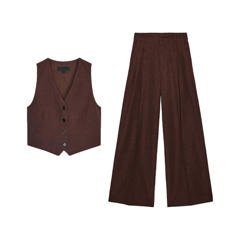 Back Opening Design V Neck Vest Jacket 4749766 High Waist Wide Leg Leisure Pleated Pants 1255435