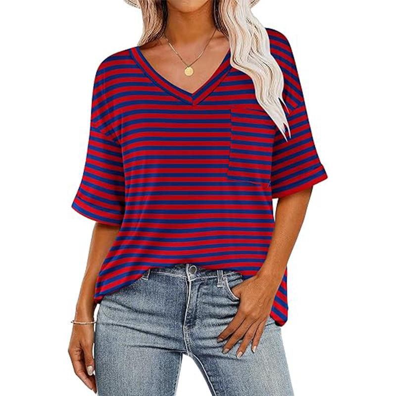Summer V-neck Color Striped Short Sleeved T-shirt with Pockets Shoulder Sleeves T-Shirts Women’s