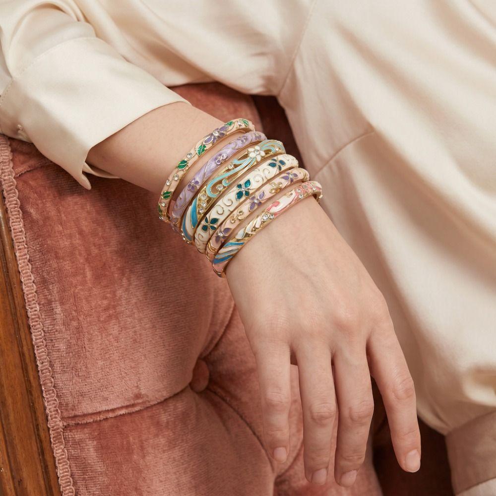 Enamel Flower Bangle Traditional Women's Hand Bracelet Handicraft Vintage Cloisonne Bangle Ladies