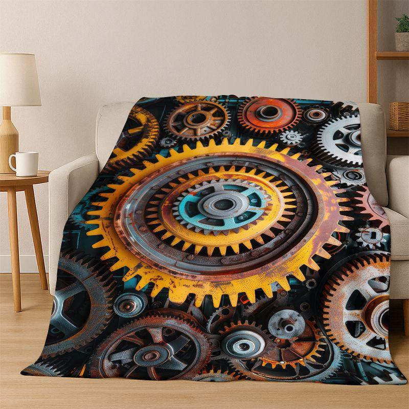 Retro Metal Mechanical Wheel Gear Flannel Blanket Soft Warm Blanket Throw Blanket for Bedroom Living Room Bed Travel Picnic Gift