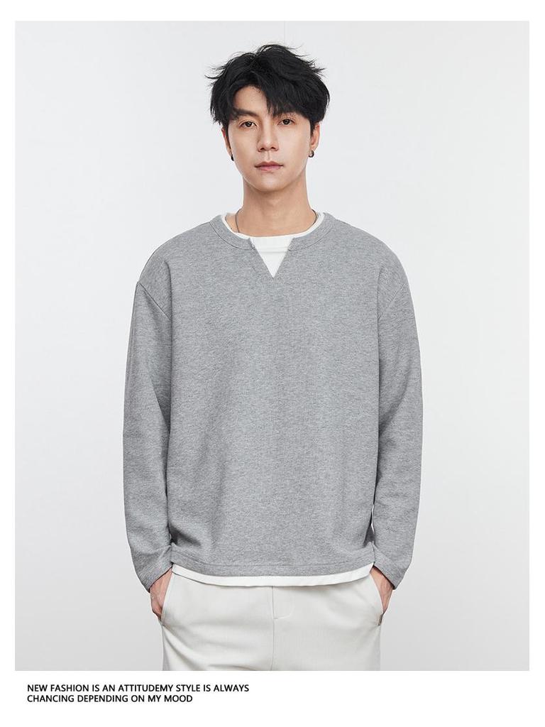 Also Stop Men's Layered V-Neck Long Sleeve Sweatshirt, 2025 Spring Loose Pullover, Light Mature Style