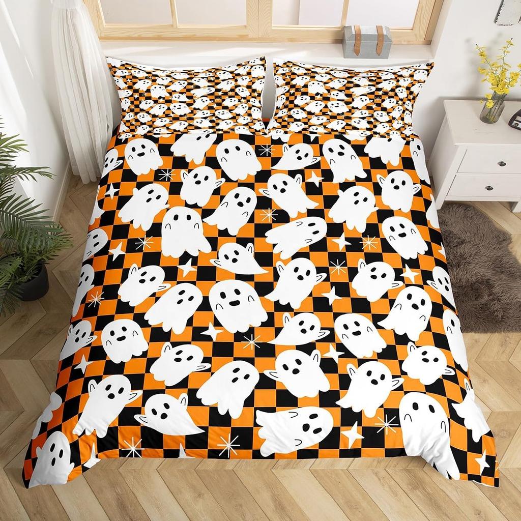 Ghost Duvet Cover Queen King Size Cartoon Cute Ghost Decorative Bedding Set for Kids Girls Teens Happy Halloween 3 Piece Set