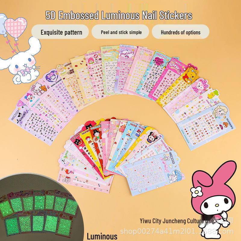 5D Embossed 3D Nail Art Stickers for Kids, Non-Toxic, Odorless, Luminous Princess Wearable Nails.