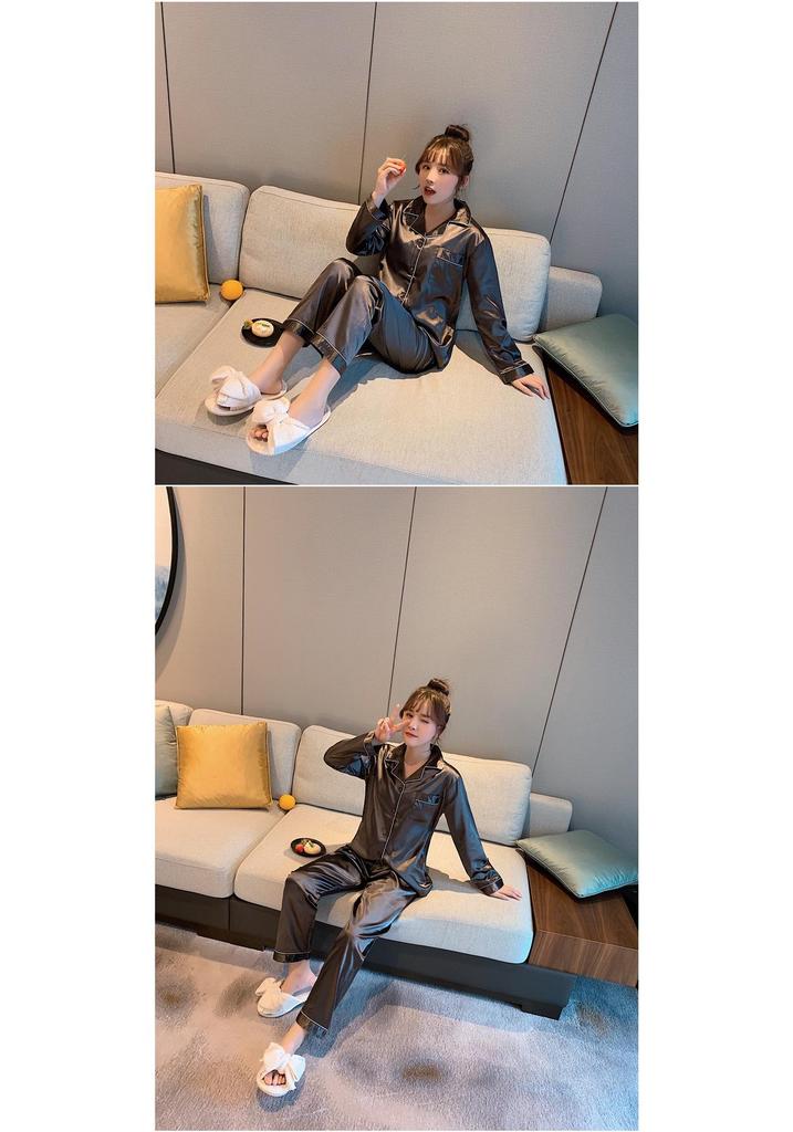 Women's Autumn Korean-Style Imitation Silk Pajamas - Long Sleeve, Two-Piece Cardigan Set for Indoor and Outdoor Wear