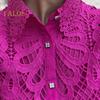 Women Shirt Lapel Puff Short Sleeve Slim Fit Shirt Tops Solid Color Button Closure Hollow Lace Crochet Blouse