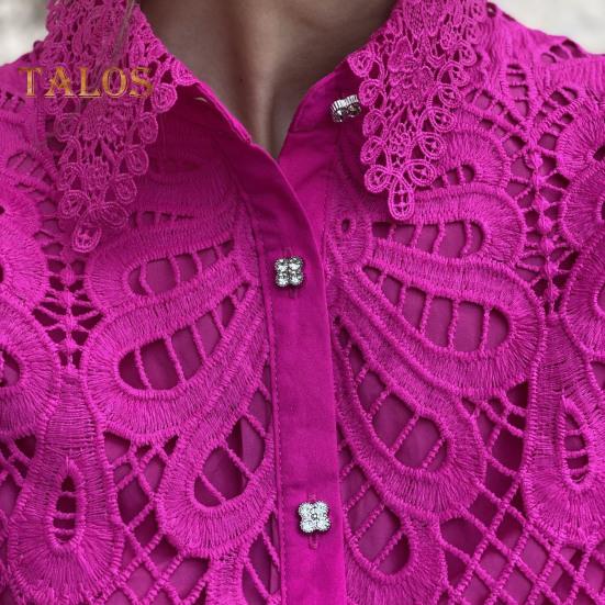 Women Shirt Lapel Puff Short Sleeve Slim Fit Shirt Tops Solid Color Button Closure Hollow Lace Crochet Blouse